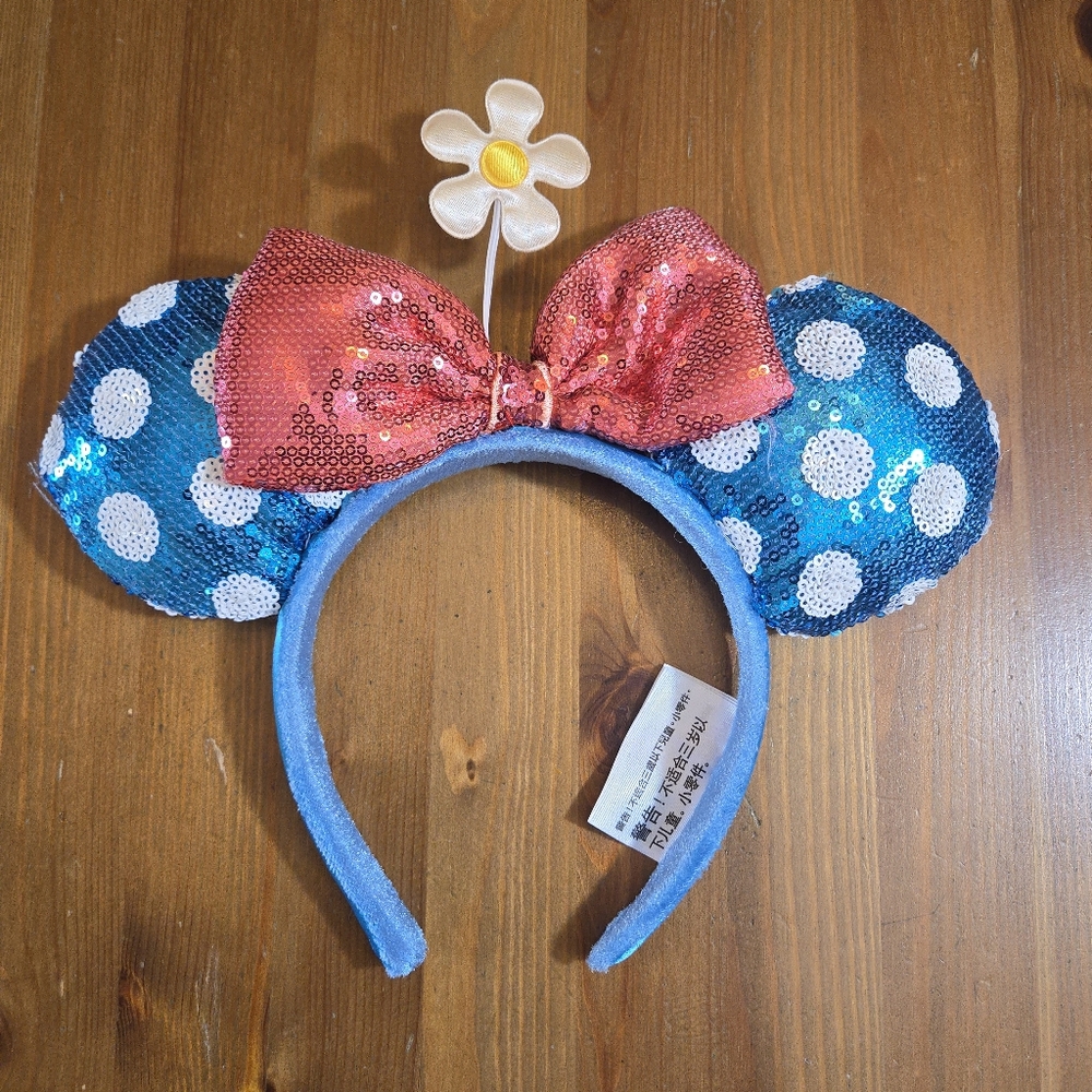 Blue Polka Dot Sequin Minnie Mouse Ears Headband with Pink Bow And Flower